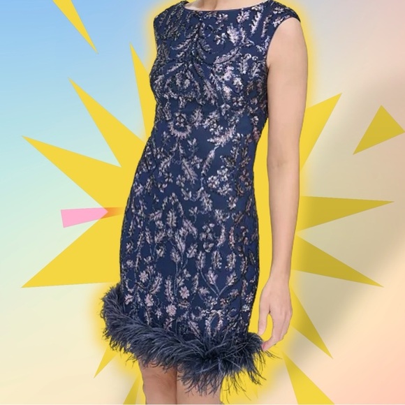 NWT Eliza J Navy Blue ‘Sequin Boat Neck Sleeveless Feather Trim Sheath Dress’ 6 - Picture 4 of 14